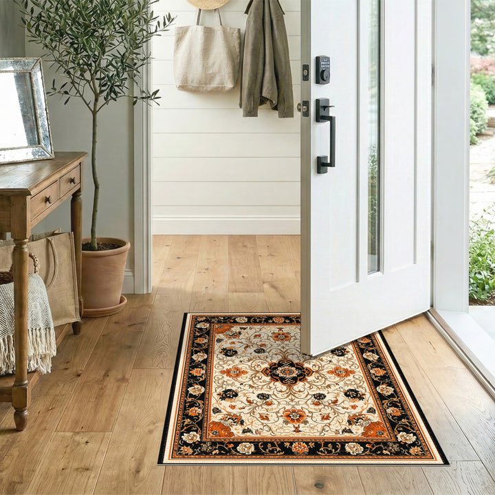 Black Orange Floral Vintage Area Rug