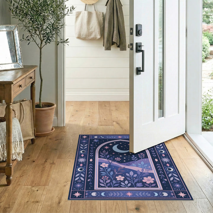 Purple Crescent Moon Boho Floral Rug
