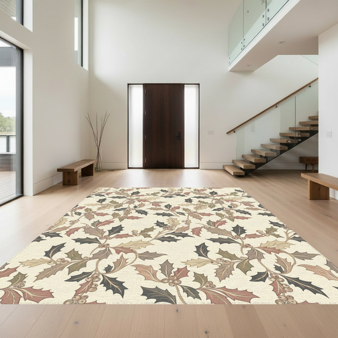 Rustic Holly Leaf Berry Branches Rug