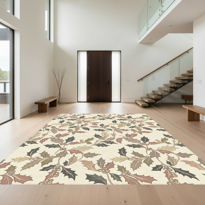 Rustic Holly Leaf Berry Branches Rug