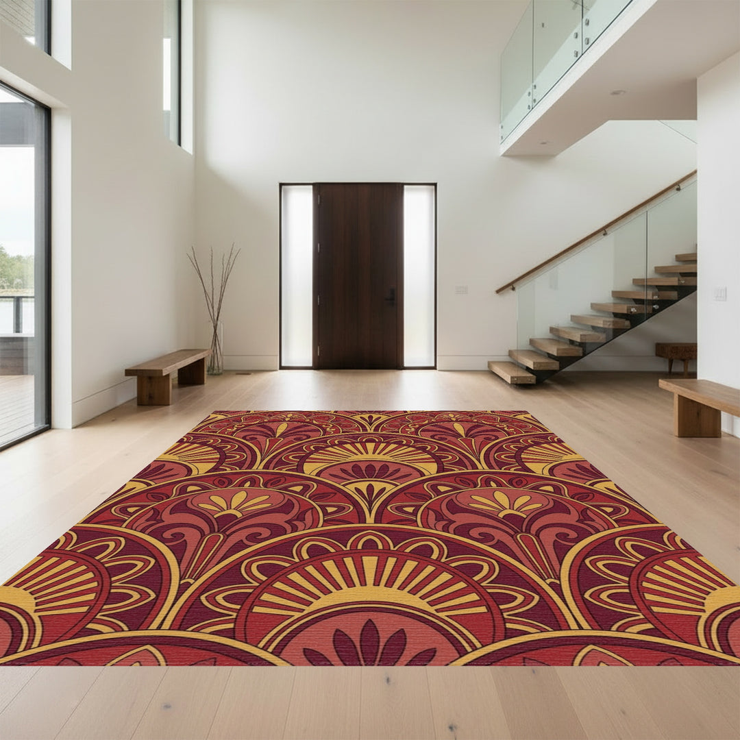 Crimson Gold Fan Medallion Tile Rug
