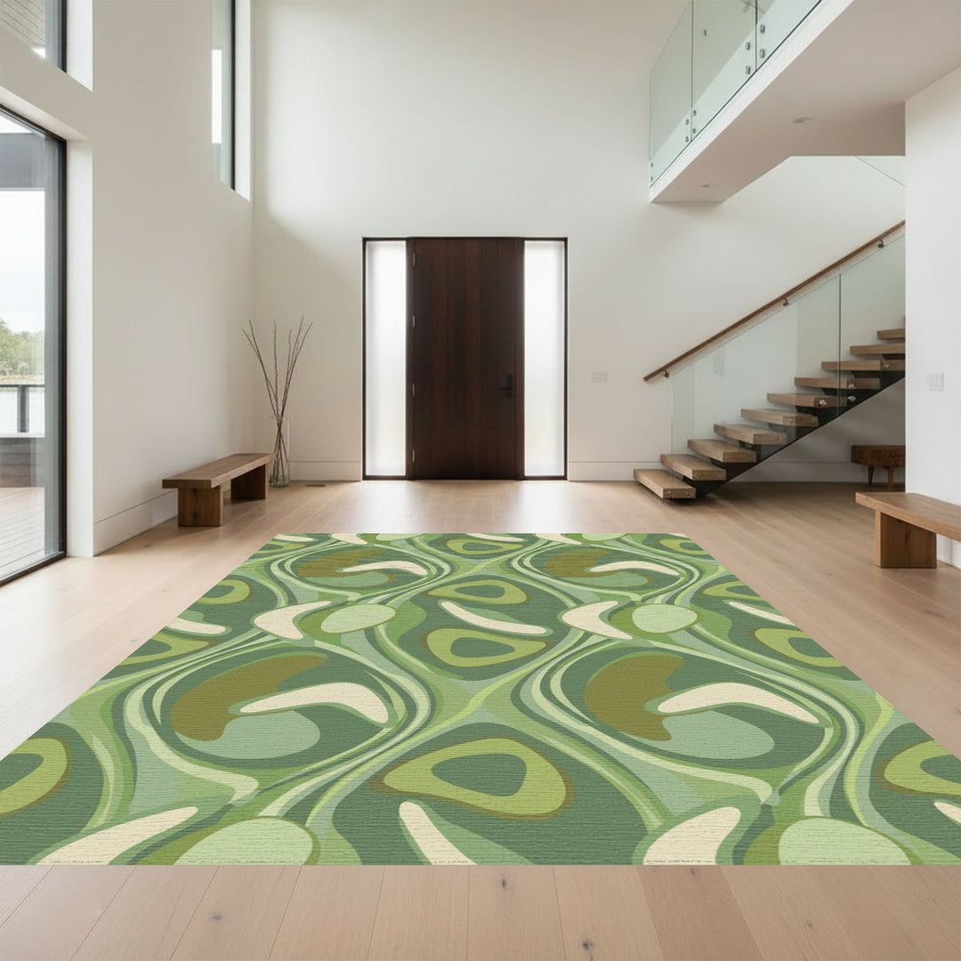 Retro Green Abstract Swirl Rug