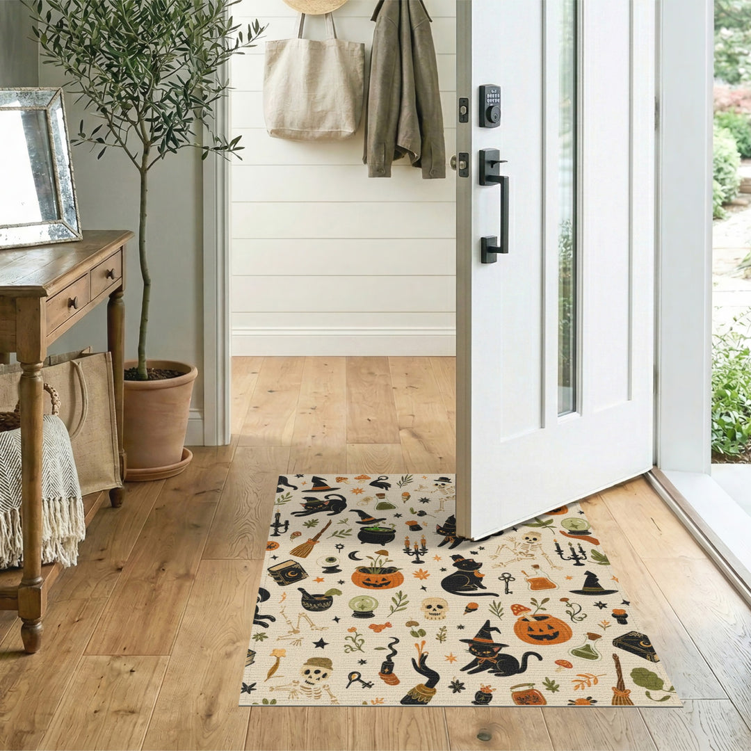 Beige and Neutral Spooky Black Cat Halloween Area Rug