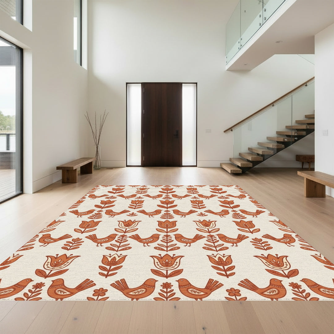 Terracotta Folk Bird Tulip Repeat Rug
