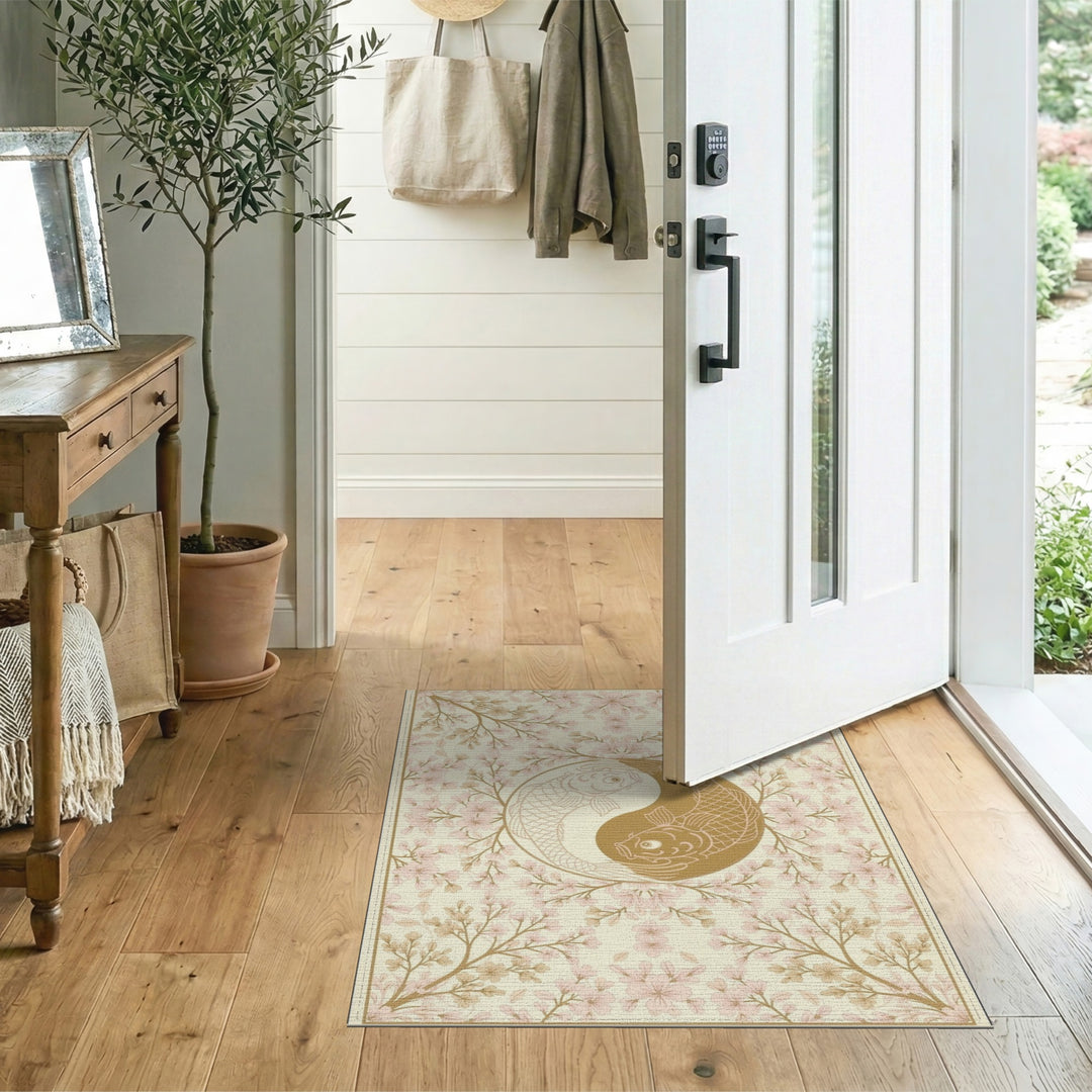 Koi Yin Yang Cherry Blossom Beige Area Rug