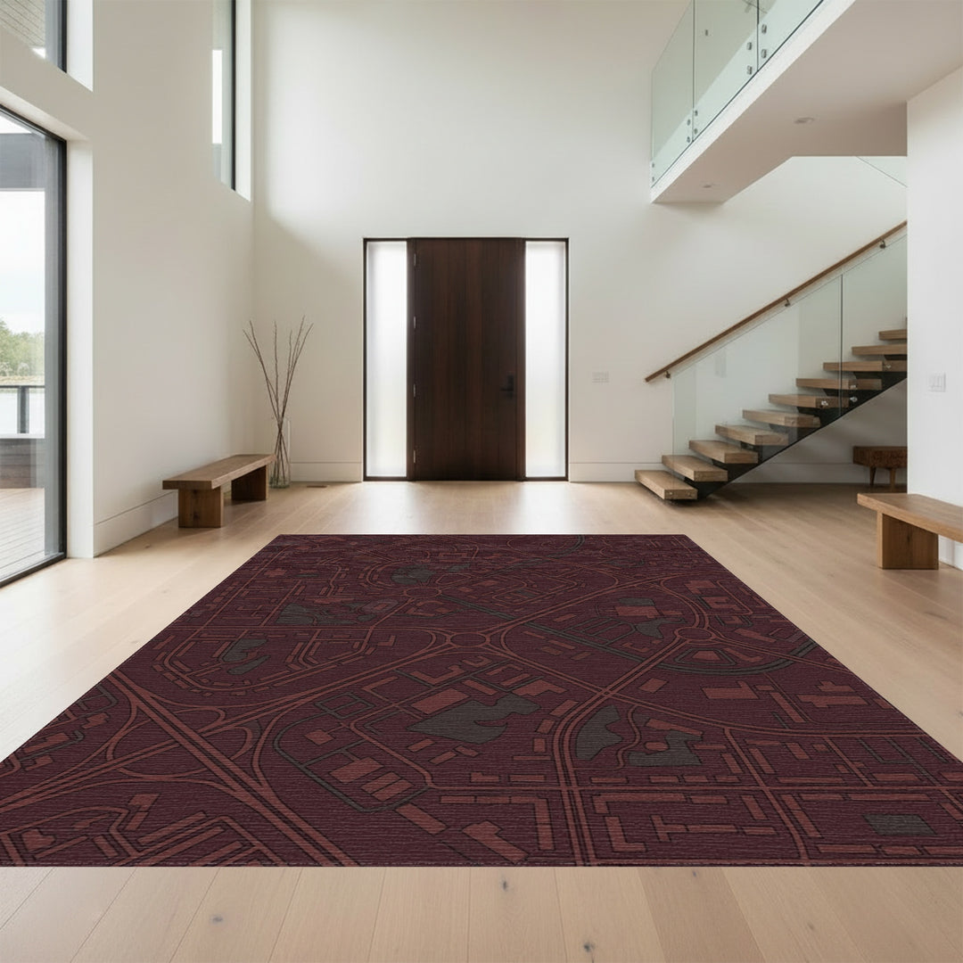 Dark Crimson Urban Cityscape Layout Rug
