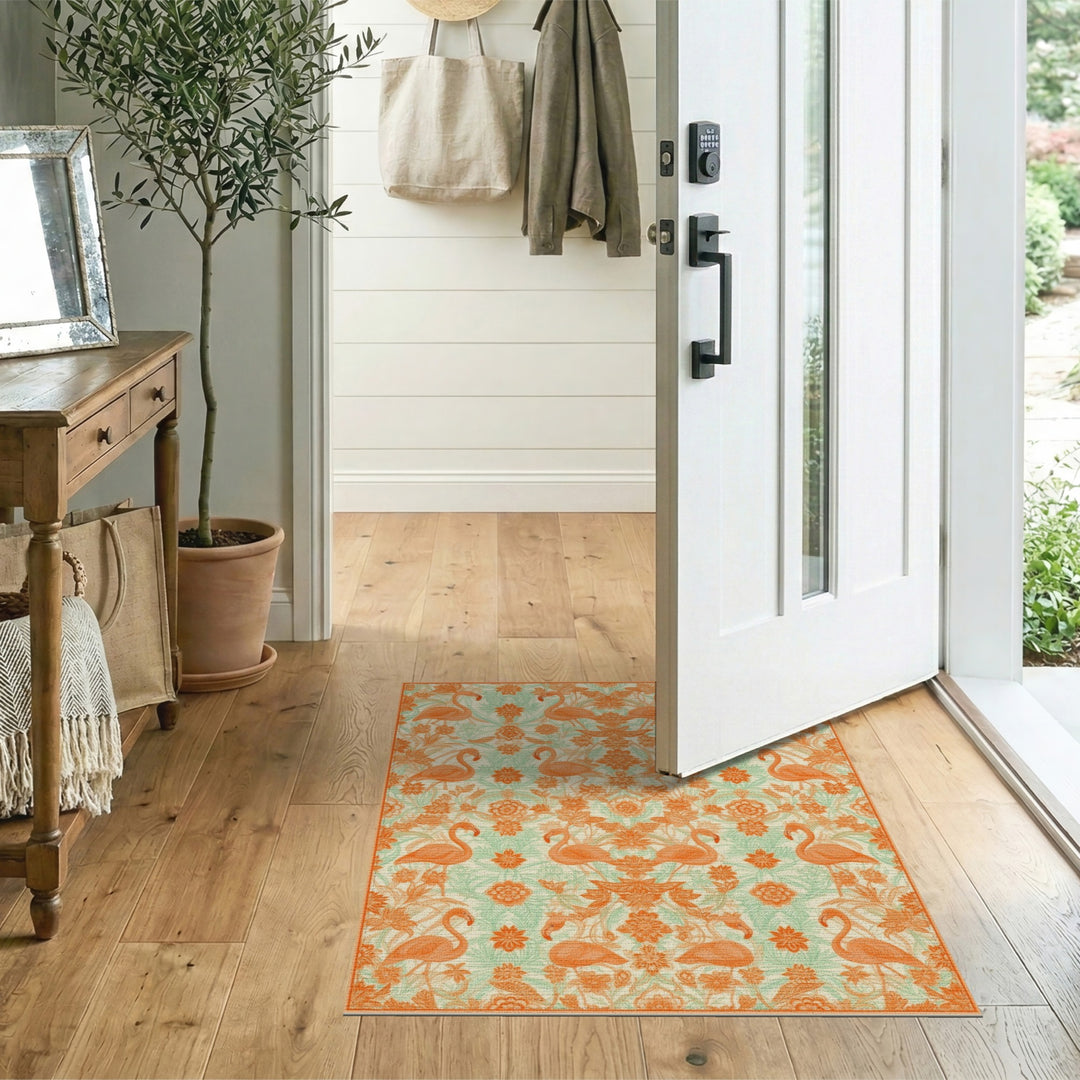 Orange Flamingo Floral Vintage Area Rug