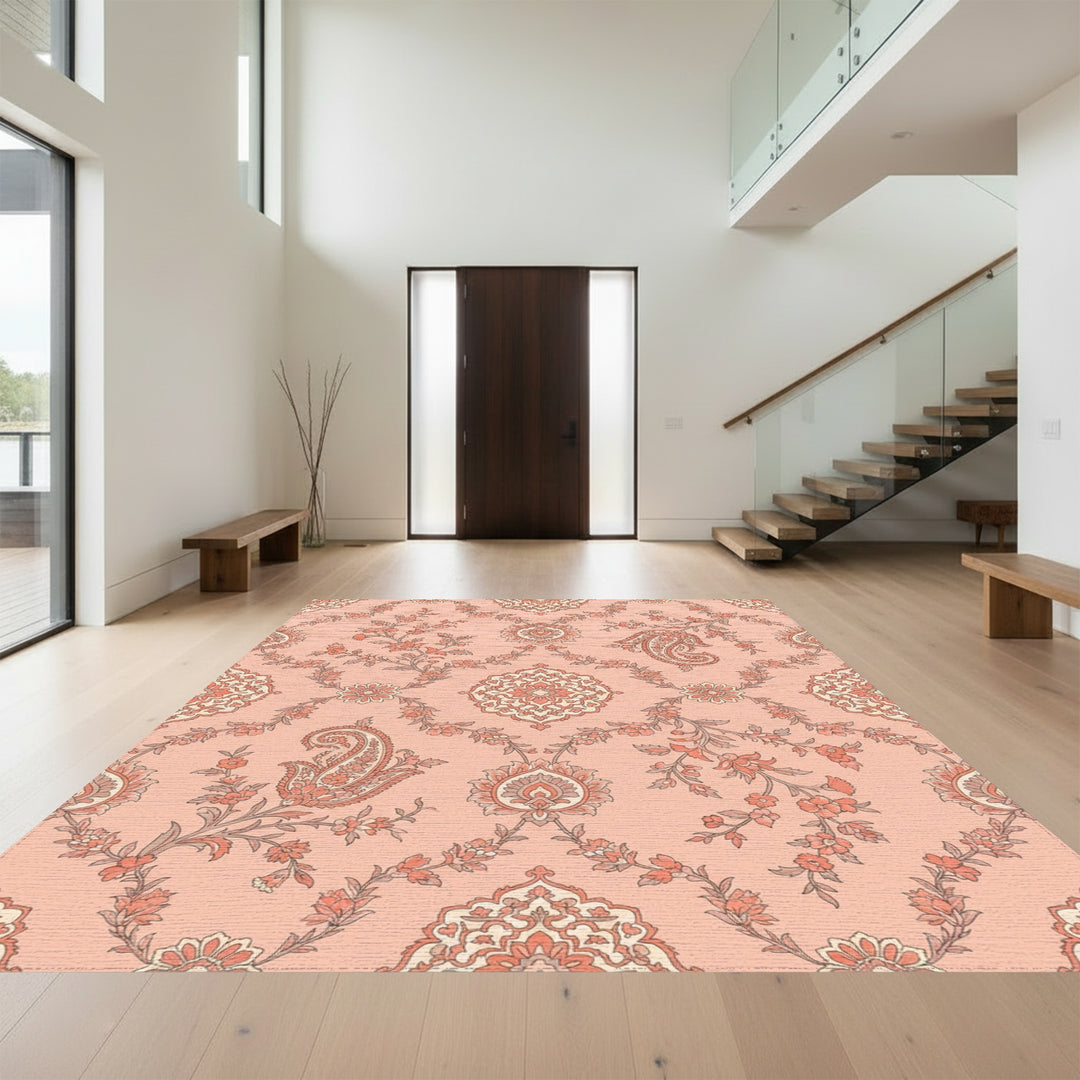 Coral Pink Paisley Garden Medallion Rug