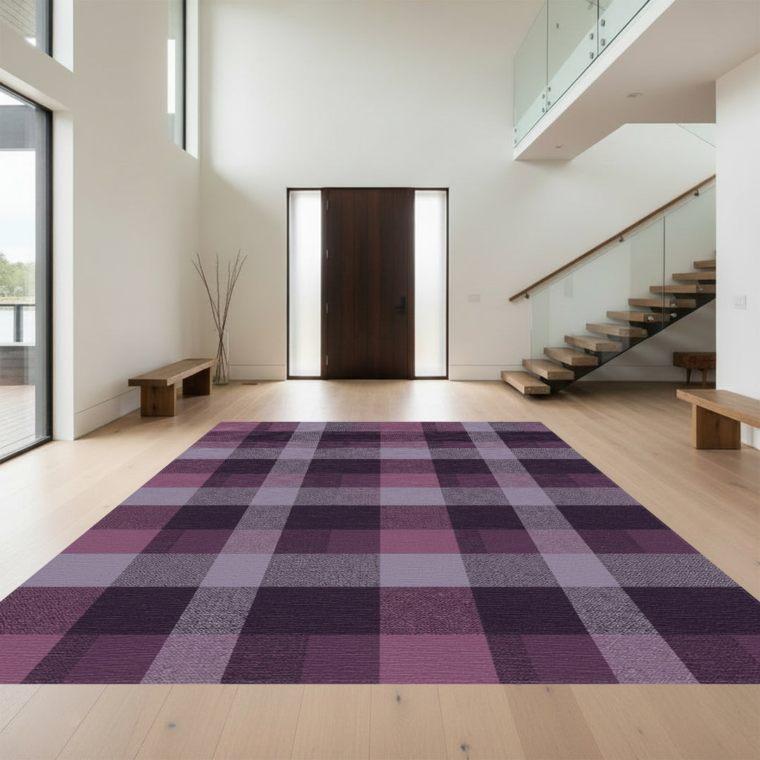 Plum Plaid Textured Geometric Squares Rug