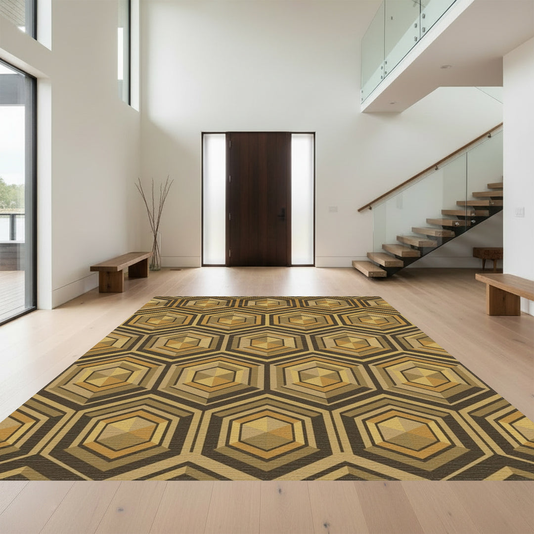 Brown Gold Hexagon Geometric Art Rug