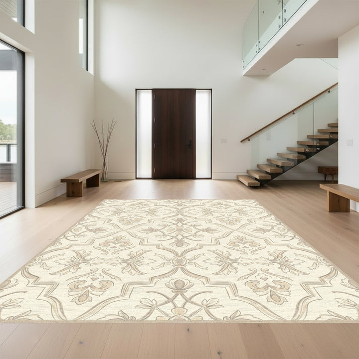 Elegant Ivory Tan Floral Damask Rug