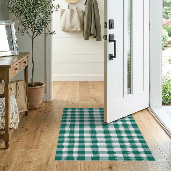 Green and White Plaid Checkered Area Rug