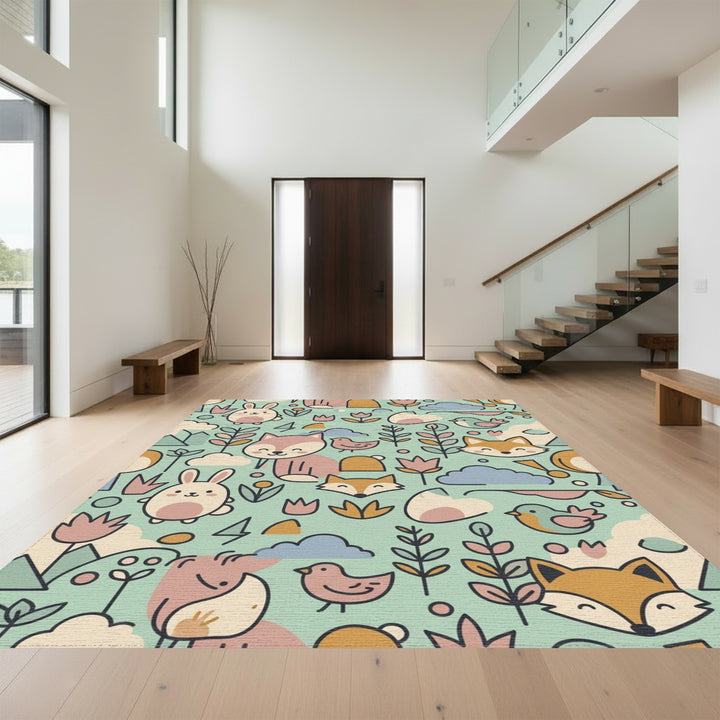 Cute Woodland Critters and Flowers Rug