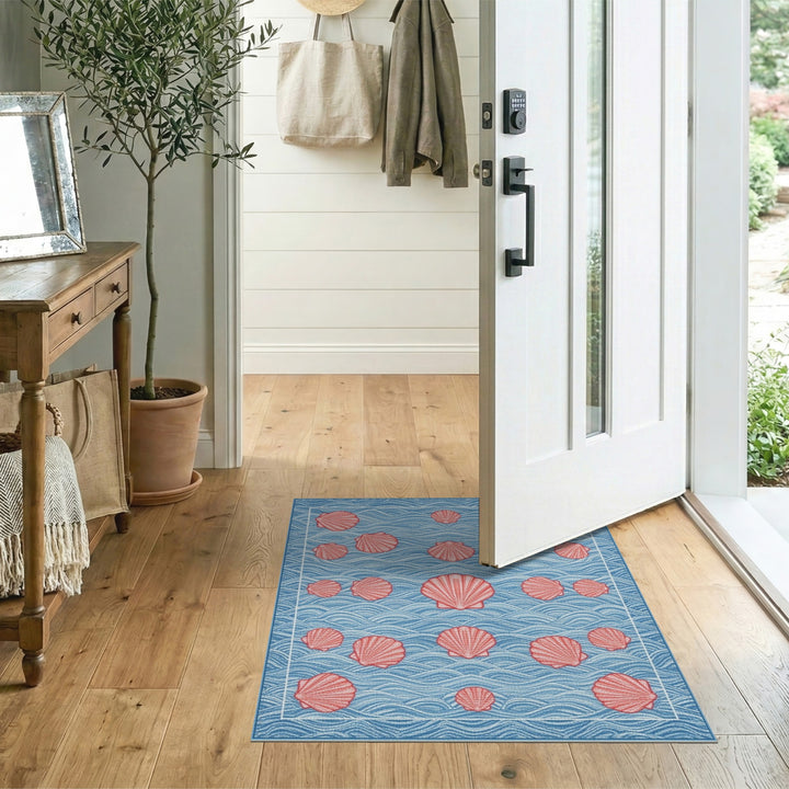 Blue Wave Red Seashell Coastal Area Rug