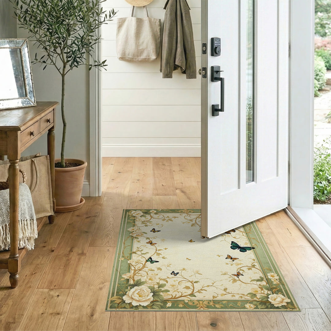 Green Floral Butterfly Vintage Area Rug