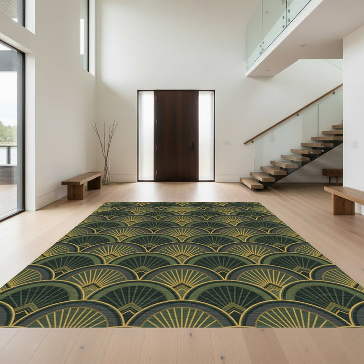 Art Deco Fan Motif Green and Gold Rug