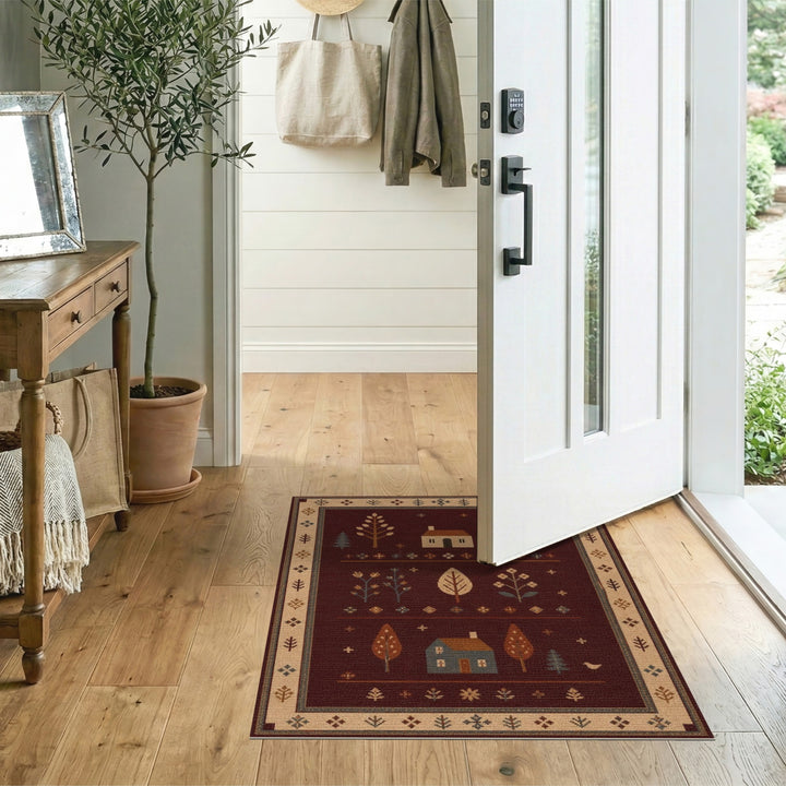 Red Rustic Farmhouse Area Rug with Houses and Trees