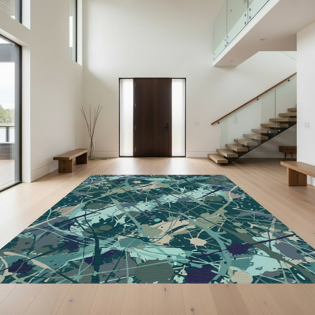 Splash Paint Abstract Teal and Tan Canvas Rug