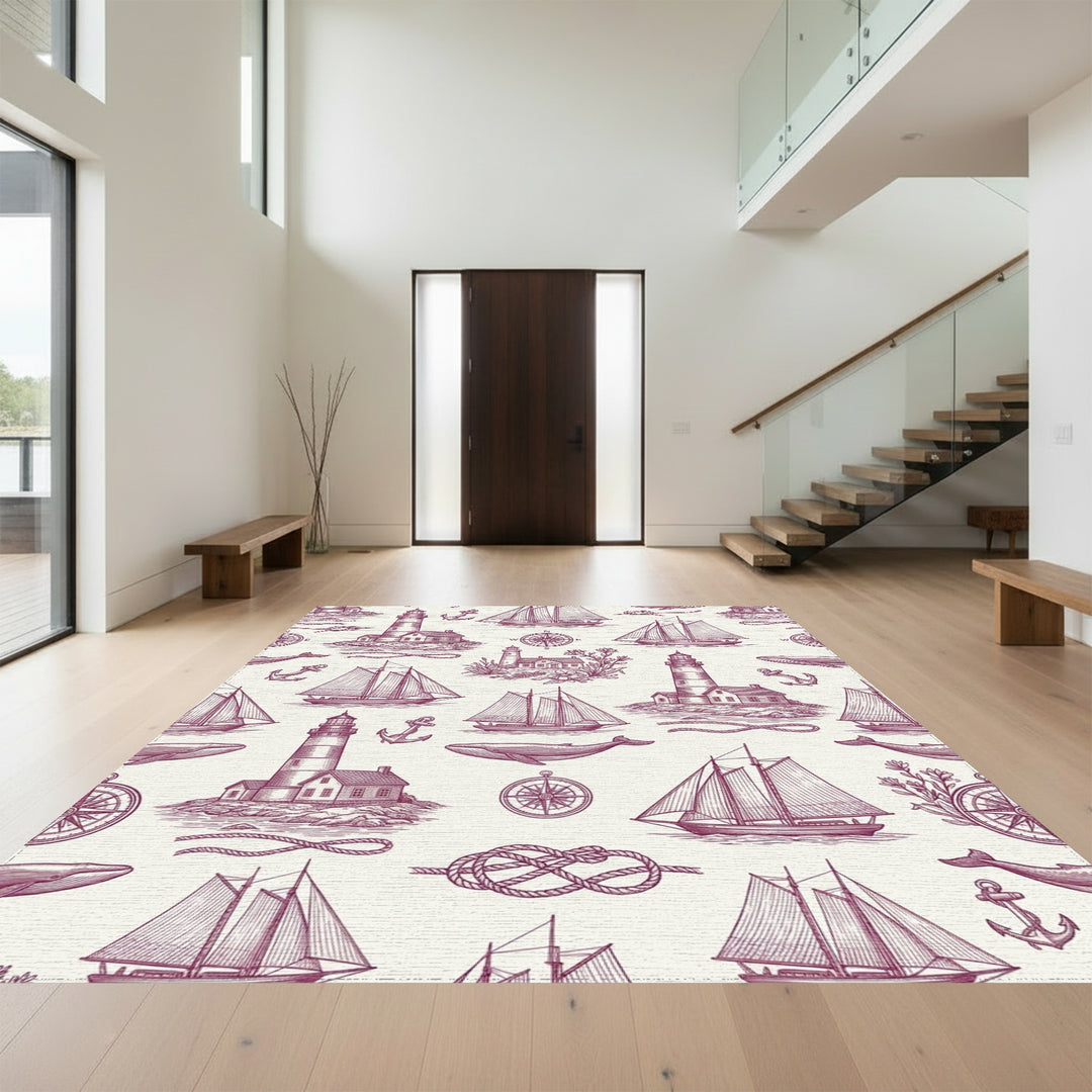 Vintage Nautical Lighthouse Whale Sailboat Rope Rug