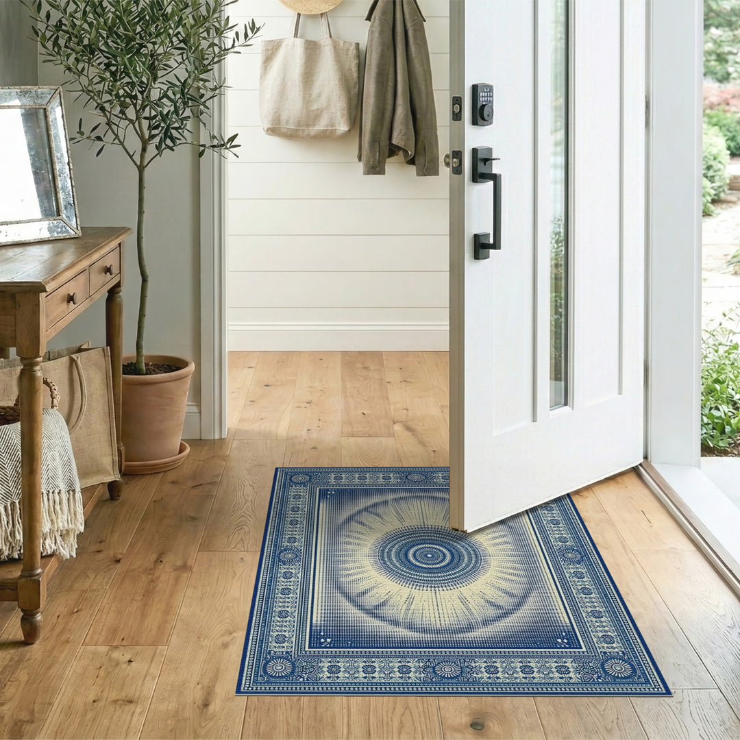 Blue and Teal Blue Sunburst Geometric Area Rug