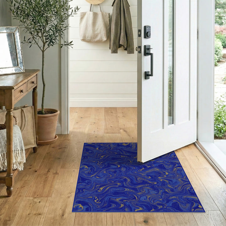 Blue Gold Fluid Swirl Abstract Area Rug