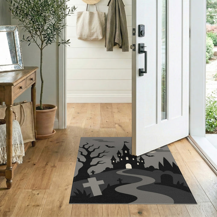 Black and White Spooky Haunted Castle Halloween Area Rug