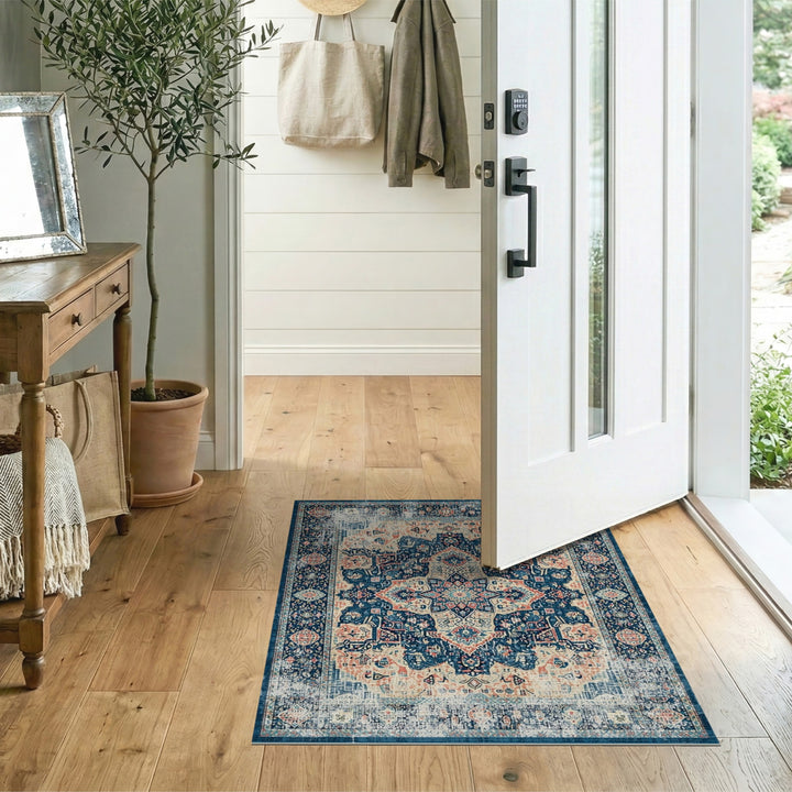 Blue Teal Distressed Vintage Medallion Area Rug