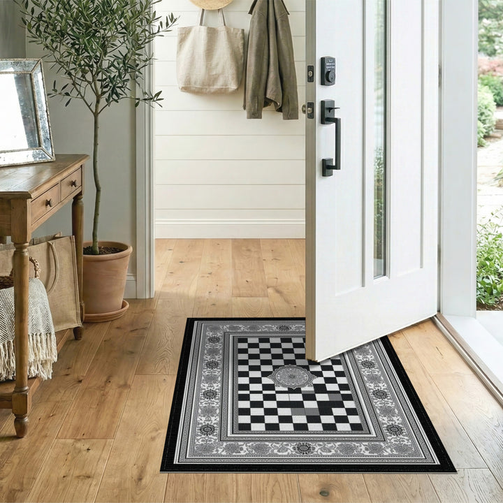 Black White Checkered Medallion Rug