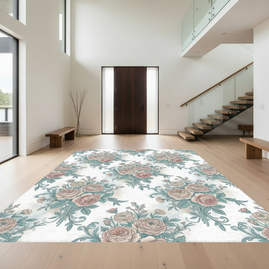 Vintage Pink Rose Bouquet Floral Rug