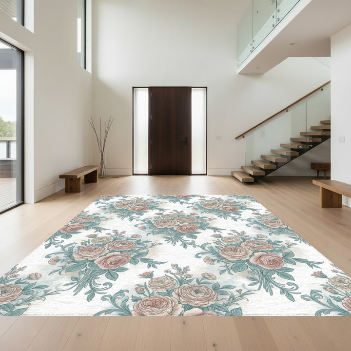 Vintage Pink Rose Bouquet Floral Rug