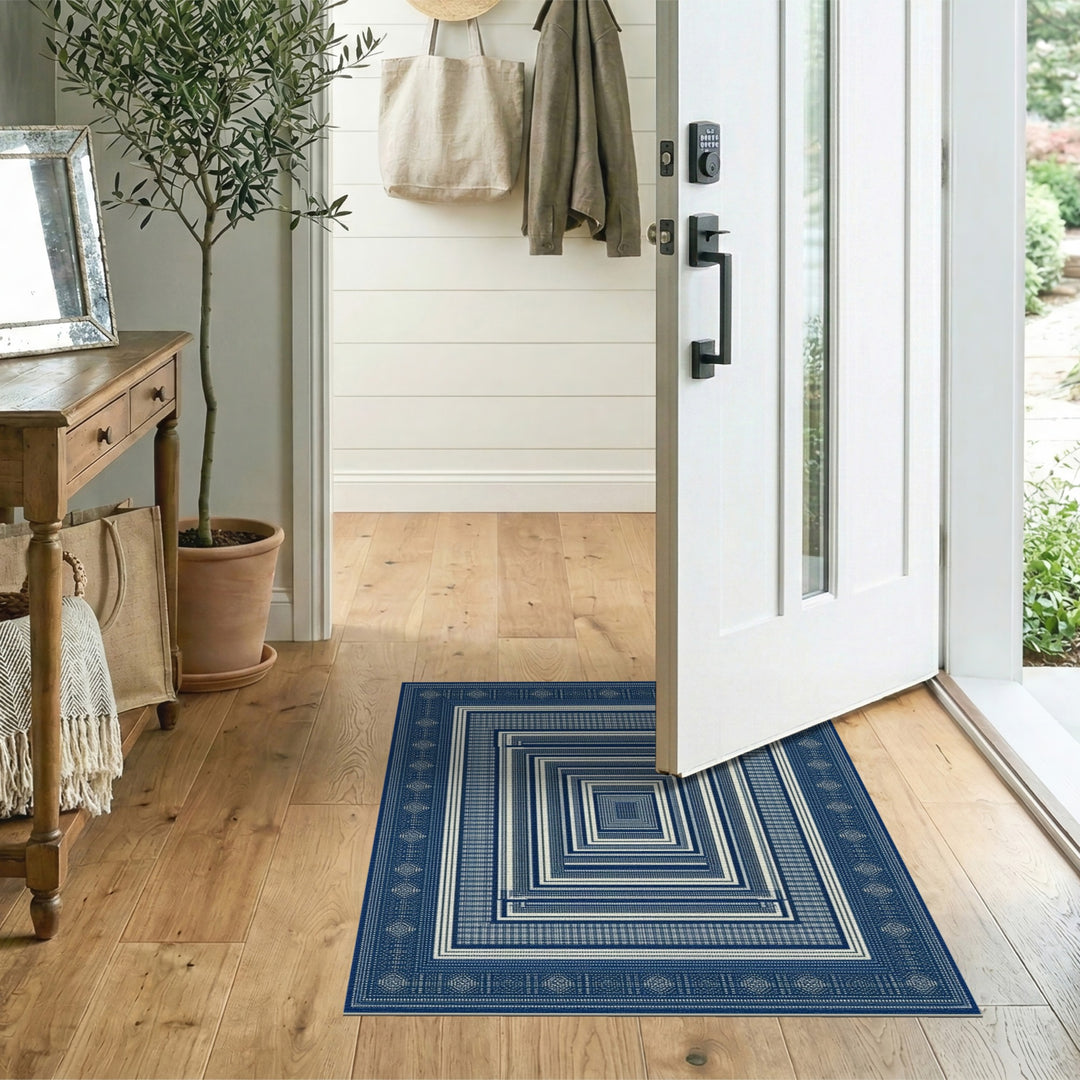 Blue and Teal Blue Concentric Geometric Area Rug