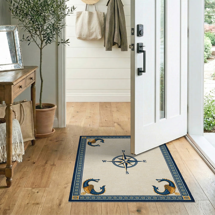 Blue Seahorse Compass Coastal Area Rug