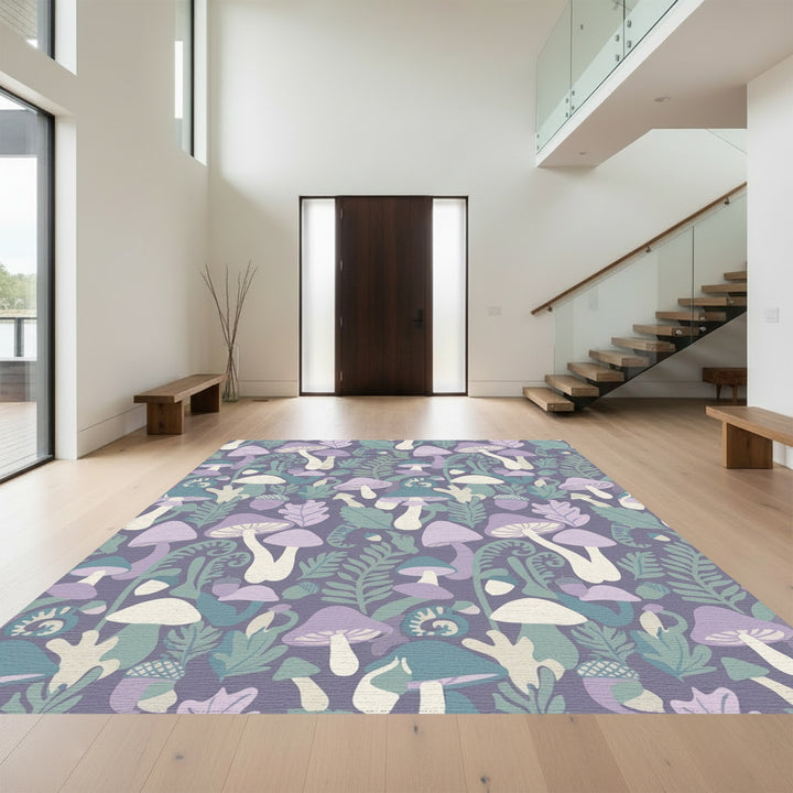 Whimsical Purple Mushroom Forest Ferns Rug