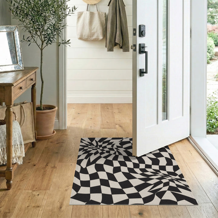 Black White Wavy Checkerboard Area Rug