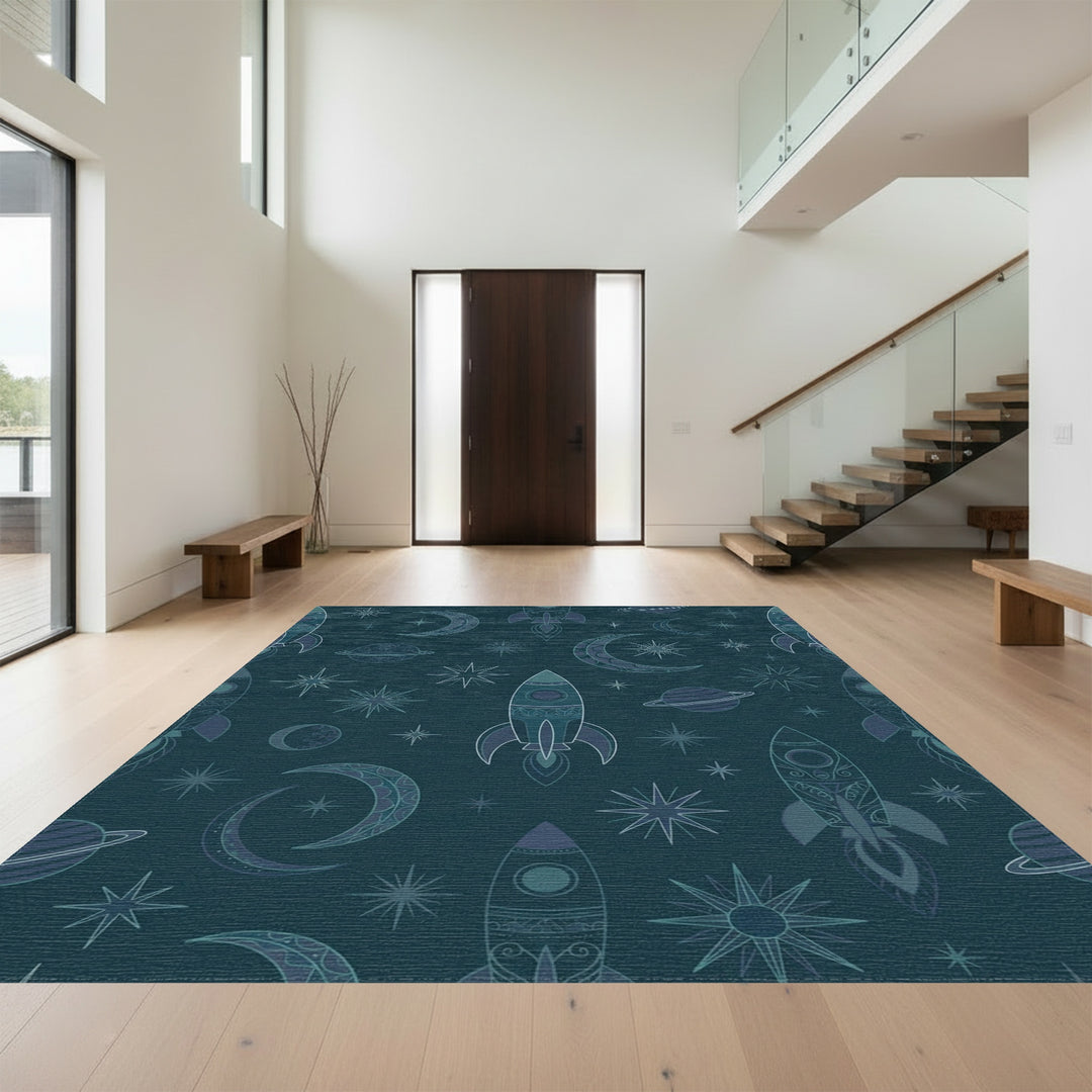 Teal Rocket Moon Starfield Theme Rug