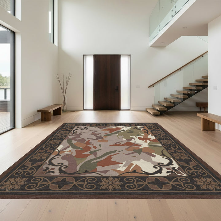 Camouflage Abstract Earthy Tones Border Rug