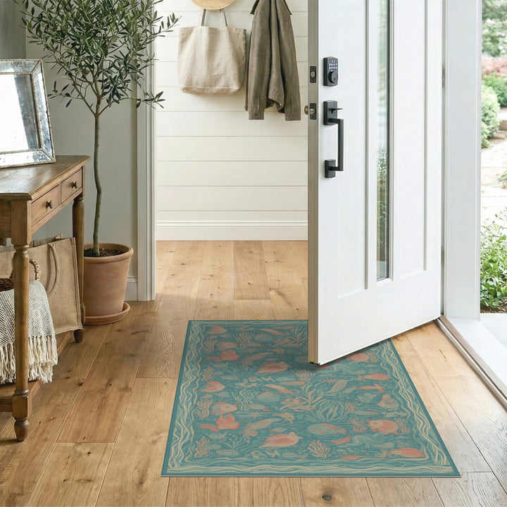 Blue and Teal Blue Teal Ocean Fish Washable Area Rug