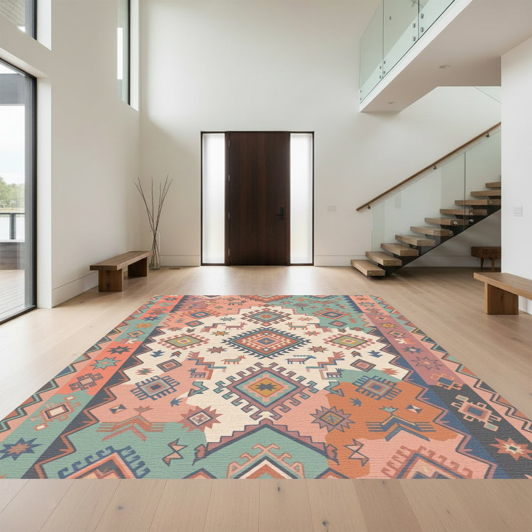 Terracotta Teal Geometric Animal Medallion Rug