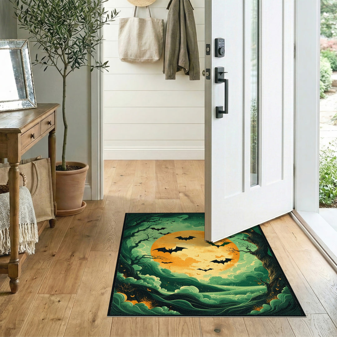 Bats Over Glowing Moon Green Area Rug