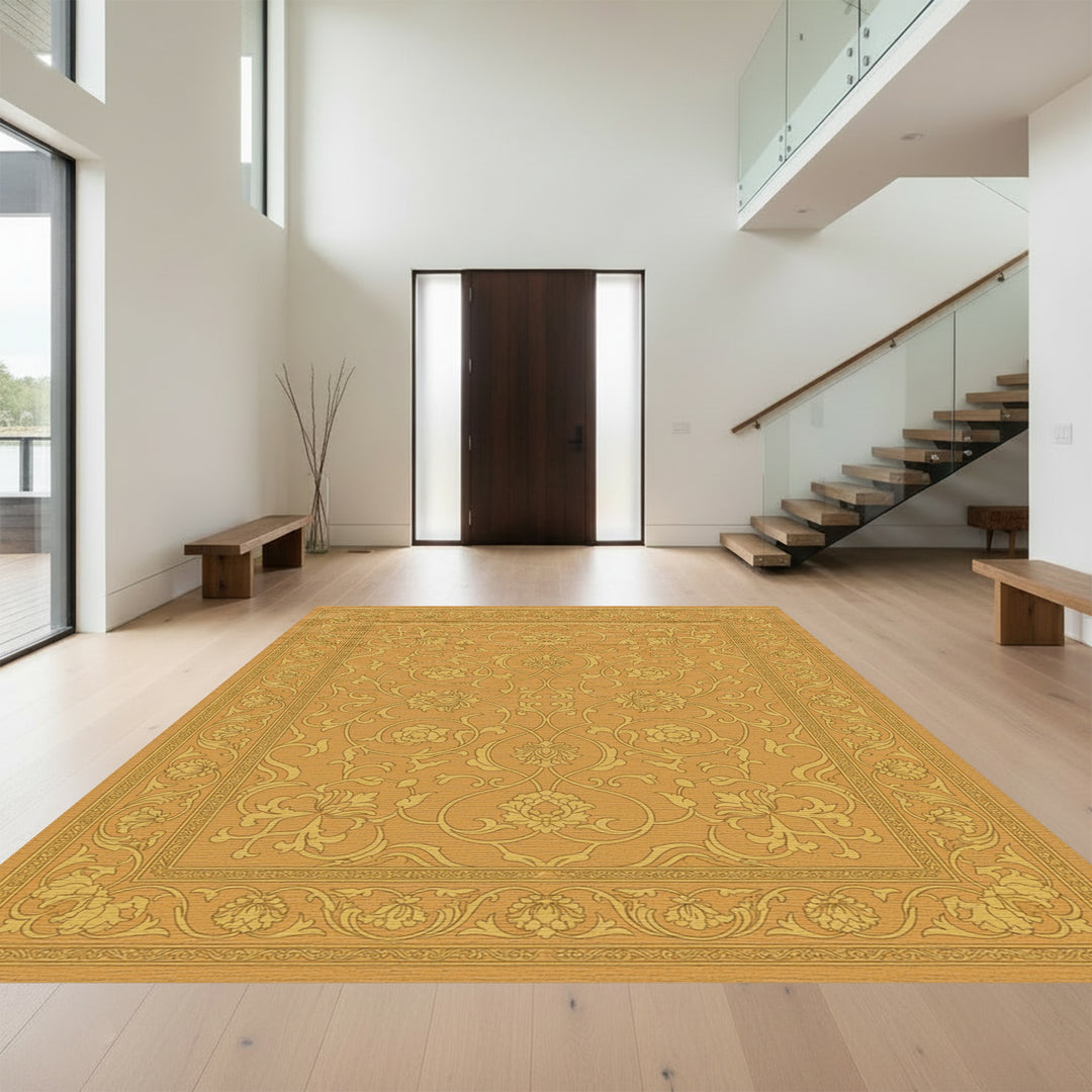 Golden Floral Arabesque Scroll Rug