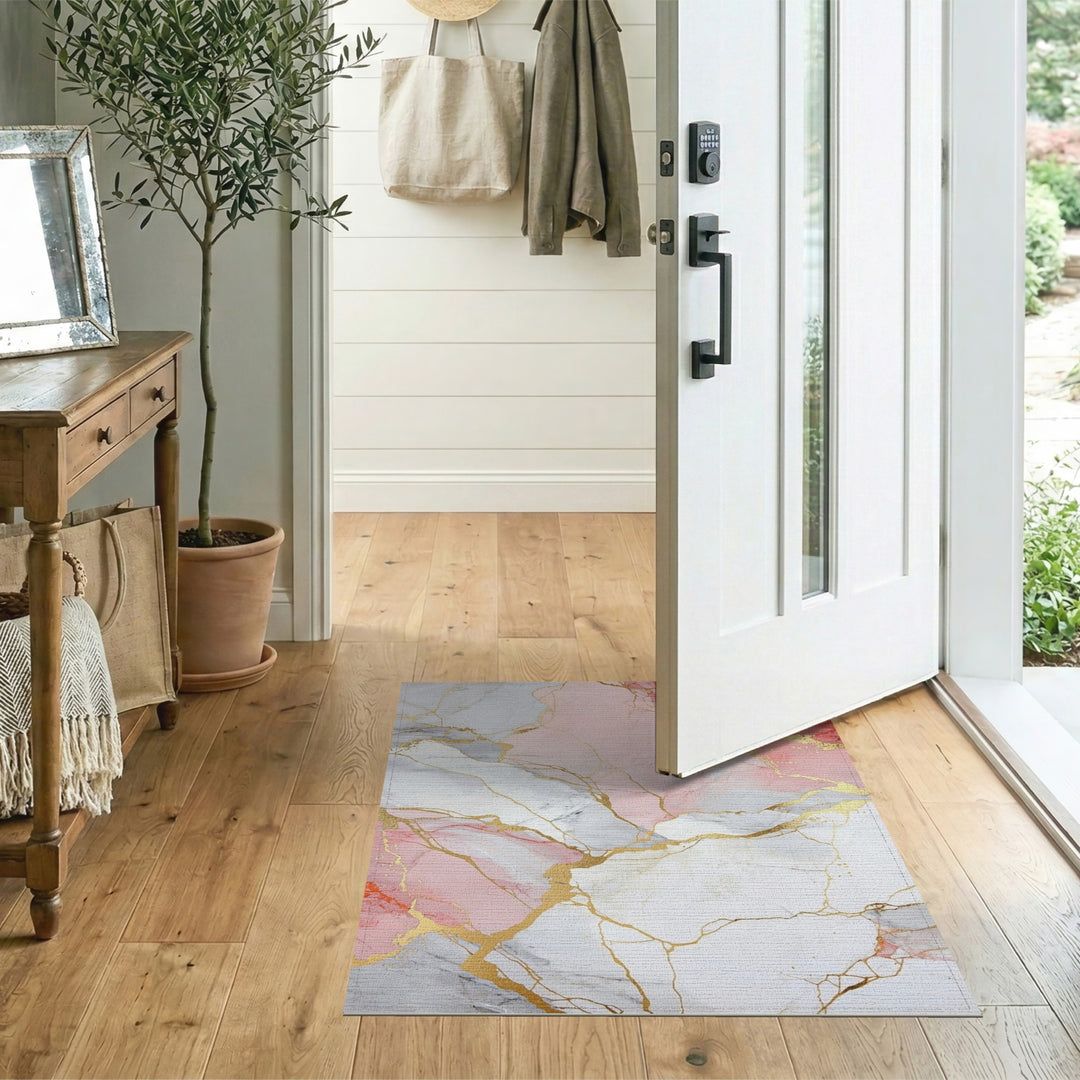 Pink Marble Gold Vein Washable Pink Area Rug