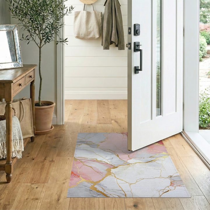 Pink Marble Gold Vein Washable Pink Area Rug
