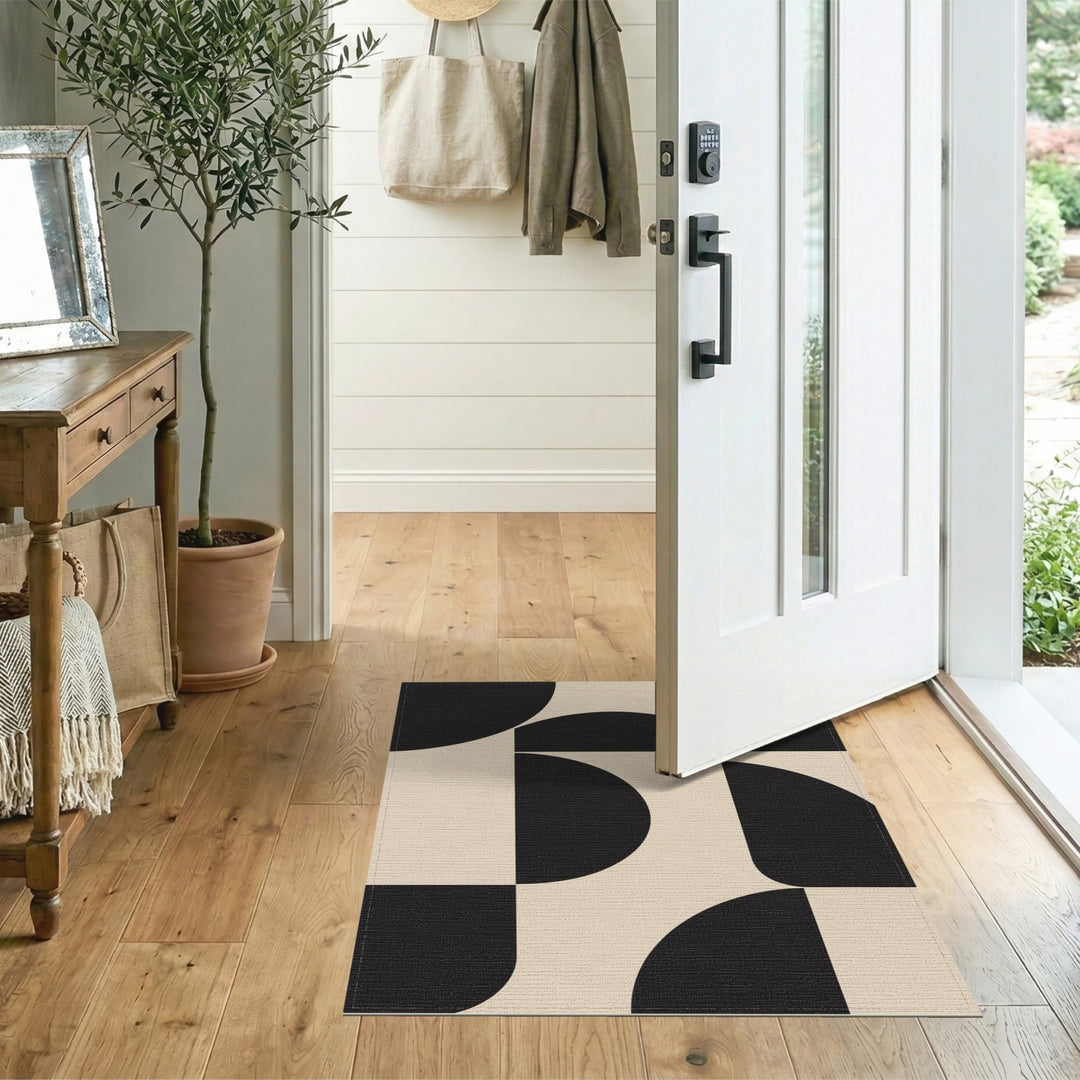 Beige and Neutral Black Geometric Modern Area Rug