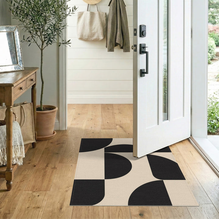 Beige and Neutral Black Geometric Modern Area Rug