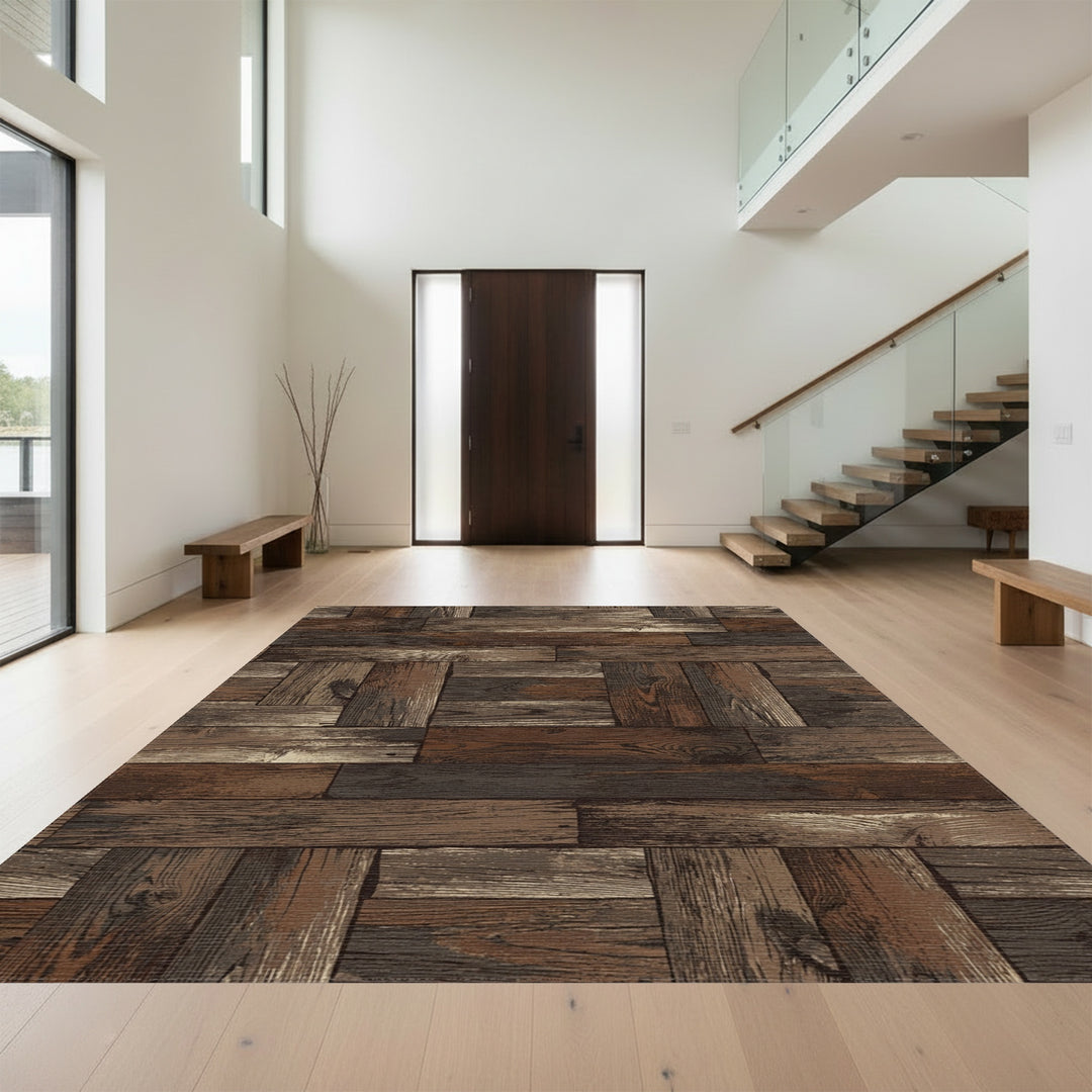 Rustic Wood Plank Parquet Rug