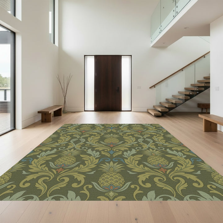 Ornate Green Pineapple Floral Scroll Rug