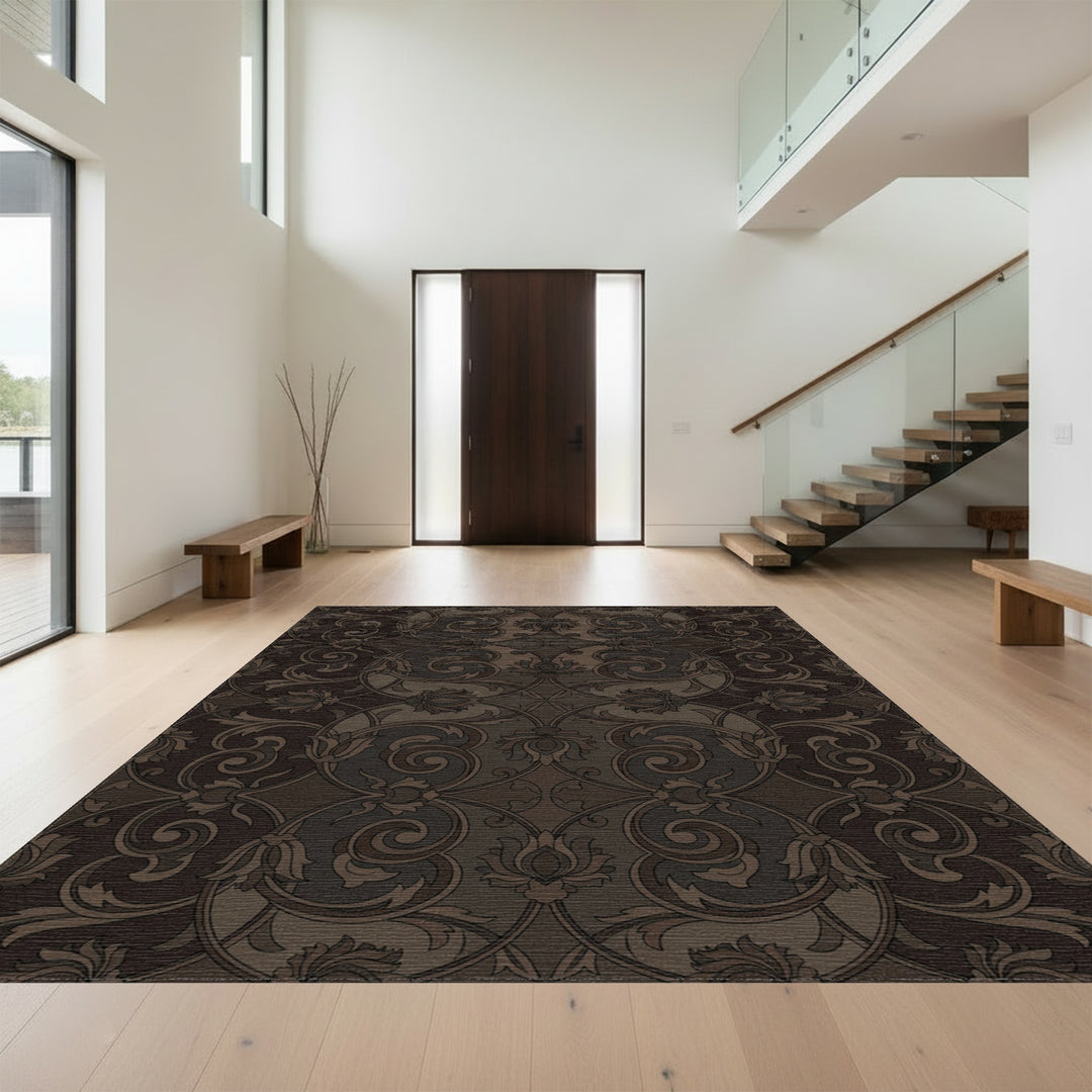Dark Brown Arabesque Floral Scroll Rug