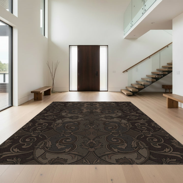 Dark Brown Arabesque Floral Scroll Rug