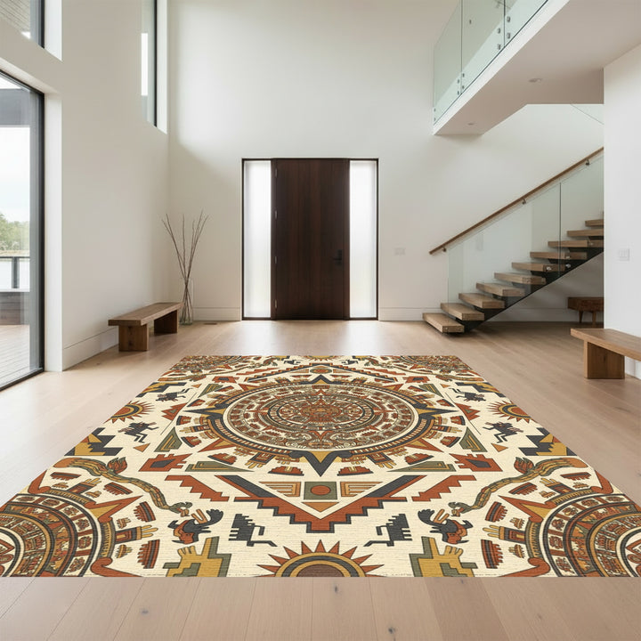 Aztec Sun Stone Geometric Medallion Accents Rug