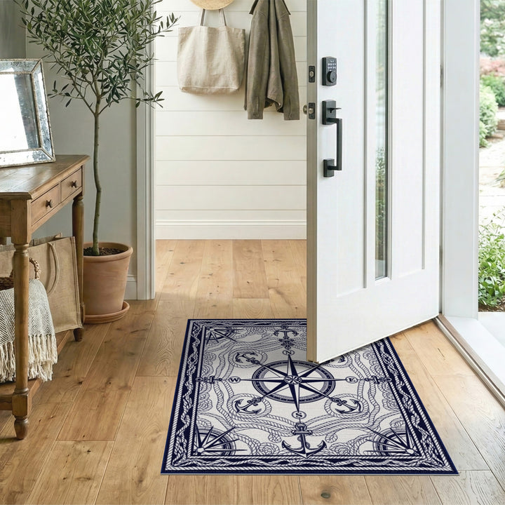Coastal Beach Nautical Compass Anchor Area Rug